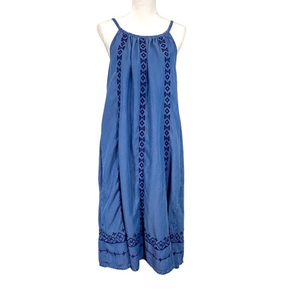 Gap Indigo blue Lyocell Chambray Midi Dress Embroidered Sleeveless S